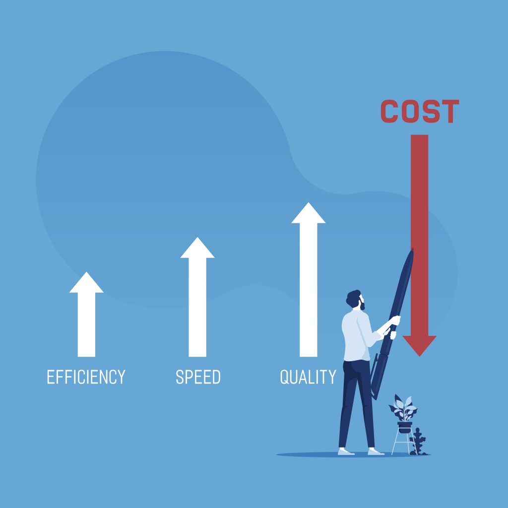 Businessman drawing arrow lines decrease cost compare with increase efficiency, speed, and quality, cost reduction management vector concept